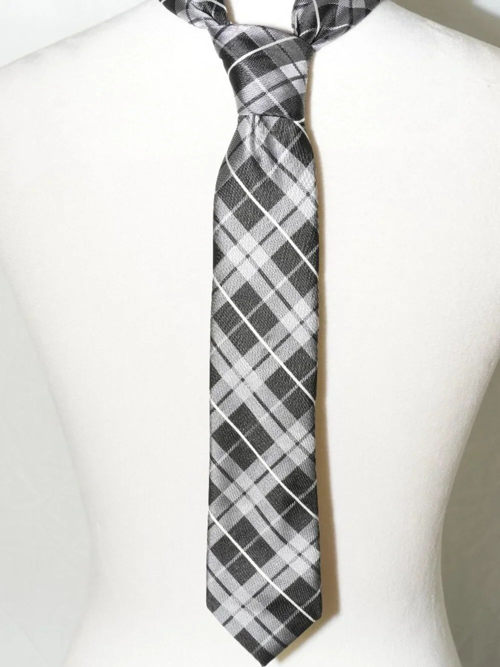 LNC Chaps 2.25” W x 48”L Boys Plaid Tie 100% Polyester Shiny Black Gray White